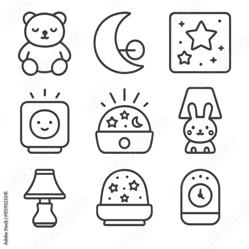 Children's Ambient Light Icons. Line style icons of ambient lights for children: nightlight bear, wall moon lamp, LED star ceiling