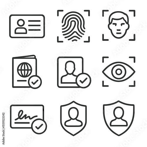 Identity Verification Icons. Line style icons of identity verification: ID card, biometric fingerprint, face scan icon, passport