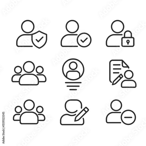 Admin Icons Set. Line style icons of admin and permission levels: admin shield, access granted icon, permission lock, role-based
