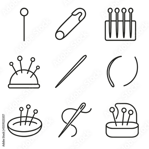 Sewing Tool Icons. Line style icons of needles and pins: straight pin, safety pin, needle set, pin cushion, ballpoint needle,