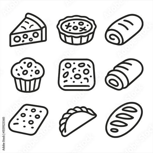 Savory Baking Icons. Line style icons of savory baking: cheese pie, quiche, stuffed bread, savory muffin, focaccia, sausage roll,