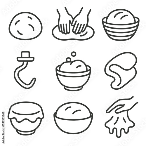 Dough Preparation Icons. Line style icons of dough preparation: ball of dough, kneading hands, dough roller, proofing basket,