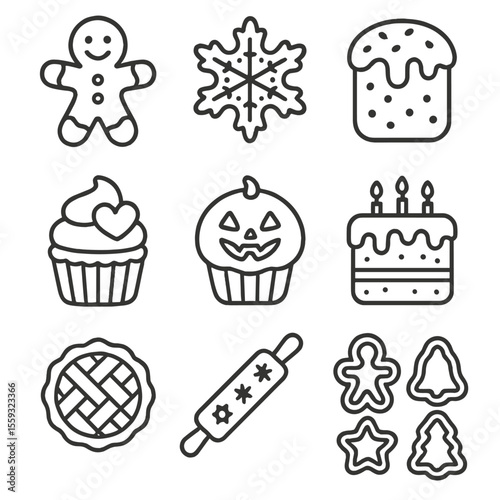 Festive Baking Icons. Line style icons of festive baking: gingerbread man, snowflake cookie, Easter bread, Valentine cupcake,