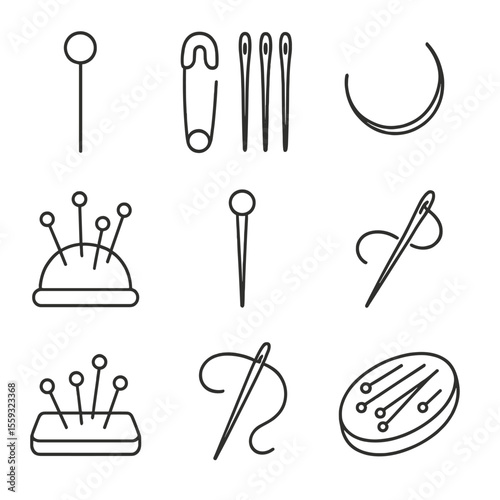 Sewing Tool Icons. Line style icons of needles and pins: straight pin, safety pin, needle set, pin cushion, ballpoint needle,