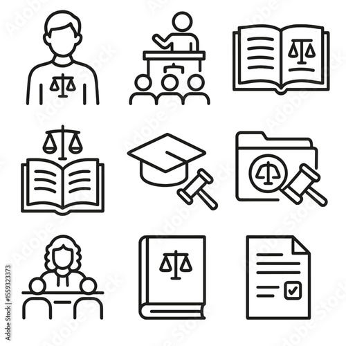 Legal Education Icons. Line style icons of legal education: law student, legal lecture, open law book, study scale icon,