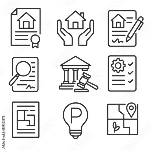 Law Icons Set. Line style icons of property and business law: deed paper, property dispute, lease agreement, contract review,