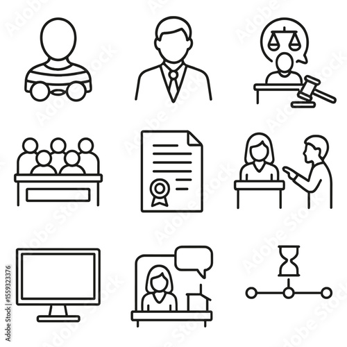 Trial Process Icons. Line style icons of trial and justice process: defendant icon, plaintiff icon, verdict announcement,