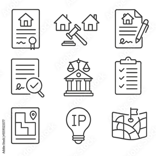 Law Icons Set. Line style icons of property and business law: deed paper, property dispute, lease agreement, contract review,