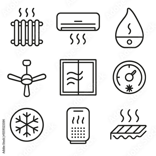 Home Climate Icons. Line style icons of home climate comfort: radiator heater, air conditioner, humidifier, ceiling fan, window