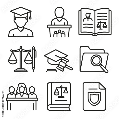Legal Education Icons. Line style icons of legal education: law student, legal lecture, open law book, study scale icon,
