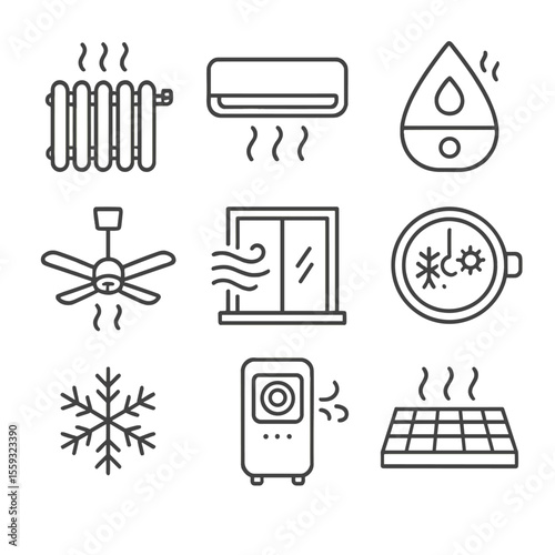 Home Climate Icons. Line style icons of home climate comfort: radiator heater, air conditioner, humidifier, ceiling fan, window