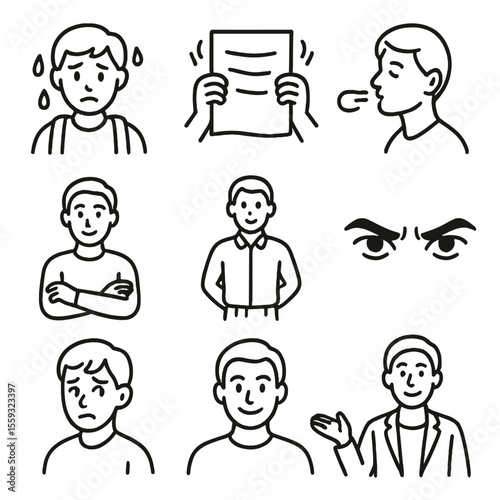 Confidence vs. Nervousness Icons. Line style icons of nervousness and confidence: sweating student, shaking paper, deep breath