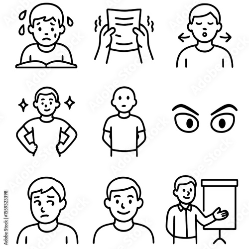Confidence vs. Nervousness Icons. Line style icons of nervousness and confidence: sweating student, shaking paper, deep breath