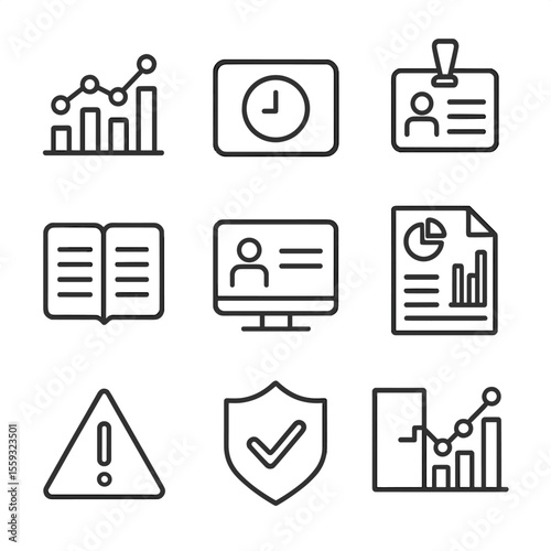 Access Audit Icons. Line style icons of access audit and logs: activity log chart, login time stamp, badge scan history, entry