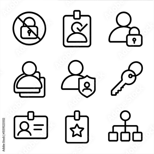 Security Permissions Icons. Line style icons of security permissions: restricted access icon, access granted badge, user with lock