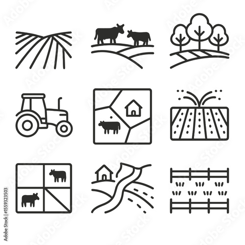 Rural Land Icons. Line style icons of rural land management: farmland icon, pasture land, tree plot, land tractor icon, rural