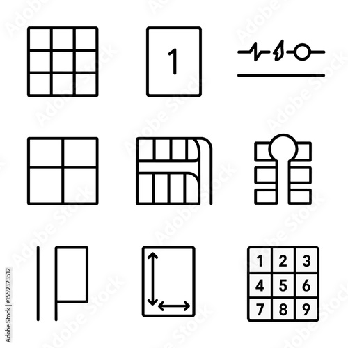 Subdivision Planning Icons. Line style icons of subdivision and plot planning: grid land layout, parcel number icon, utility line