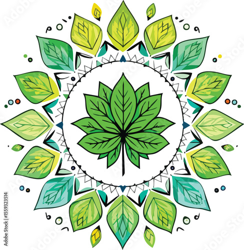 A beautiful botanical mandala with leaf design and abstract watercolor elements on white background.