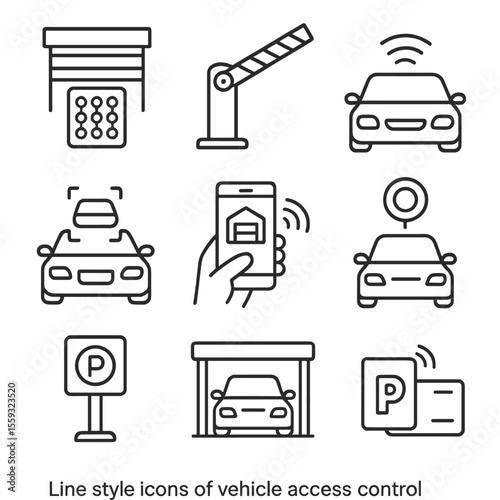 Line Style Vehicle Icons. Line style icons of vehicle access control: garage door keypad, parking gate arm, vehicle RFID tag,