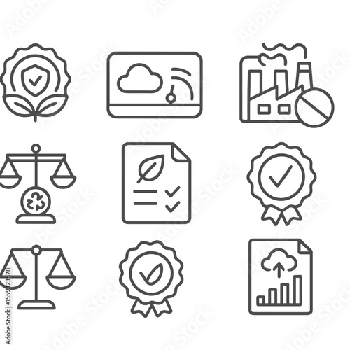Environmental Compliance Icons. Line style icons of environmental compliance: eco-friendly compliance badge, air quality meter,