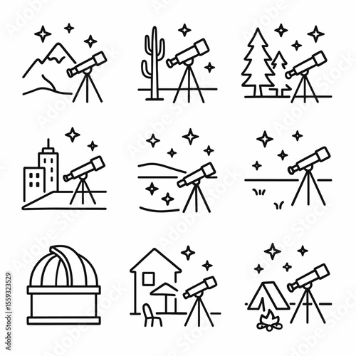 Stargazing Icons Collection. Line style icons of stargazing locations: mountain view site, desert stargazing spot, forest clearing