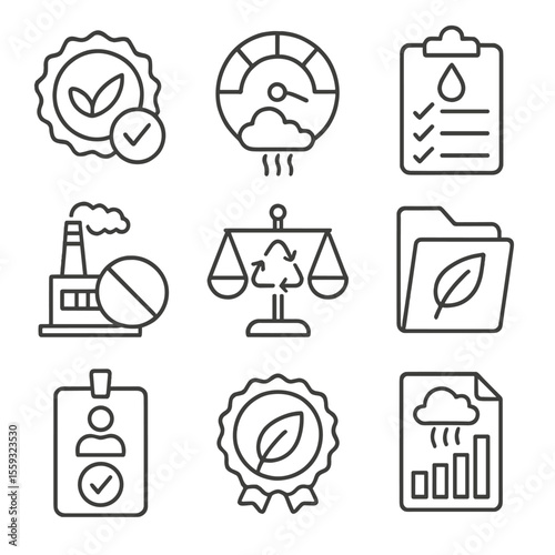 Environmental Compliance Icons. Line style icons of environmental compliance: eco-friendly compliance badge, air quality meter,