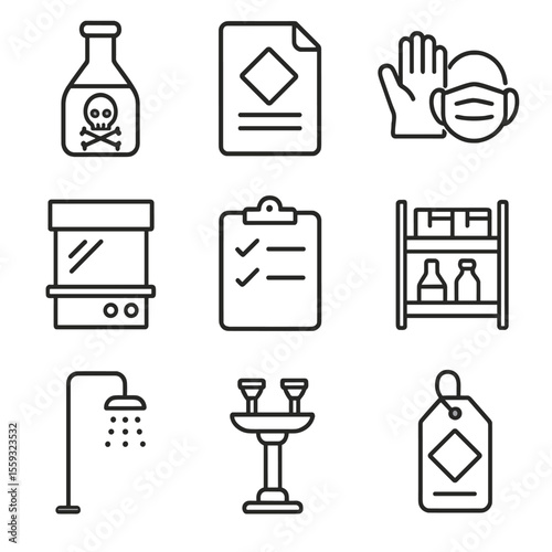 Chemical Safety Icons. Line style icons of chemical safety: chemical bottle icon, SDS file, gloves and mask symbol, fume hood icon