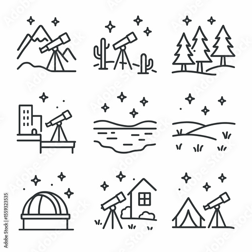 Stargazing Icons Collection. Line style icons of stargazing locations: mountain view site, desert stargazing spot, forest clearing