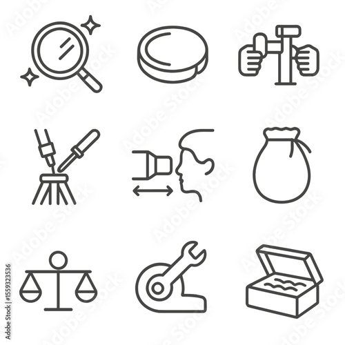 Stargazing Gear Icons. Line style icons of stargazing gear maintenance: clean lens icon, lens cap, mount stability check, tripod