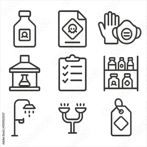 Chemical Safety Icons. Line style icons of chemical safety: chemical bottle icon, SDS file, gloves and mask symbol, fume hood icon