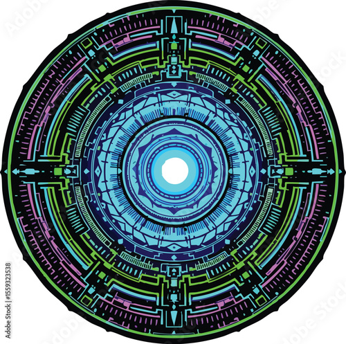 Abstract digital art illustrating a futuristic circular geometric design with intricate details.