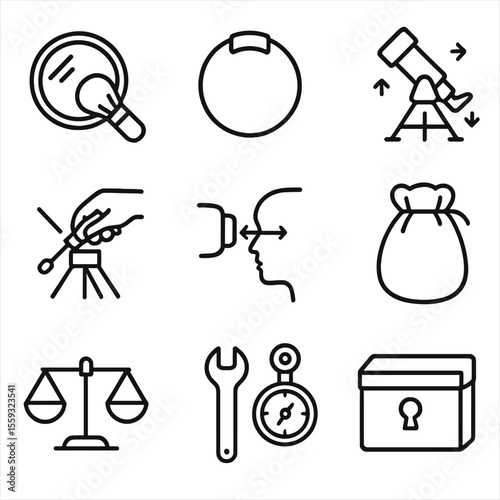 Stargazing Gear Icons. Line style icons of stargazing gear maintenance: clean lens icon, lens cap, mount stability check, tripod
