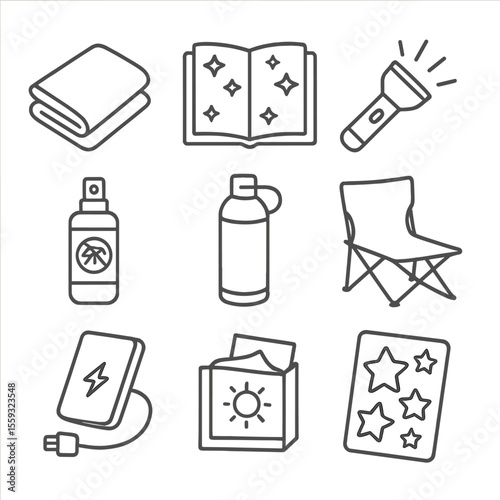 Stargazing Icon Essentials. Line style icons of stargazing accessories: thermal blanket, star journal notebook, red flashlight,