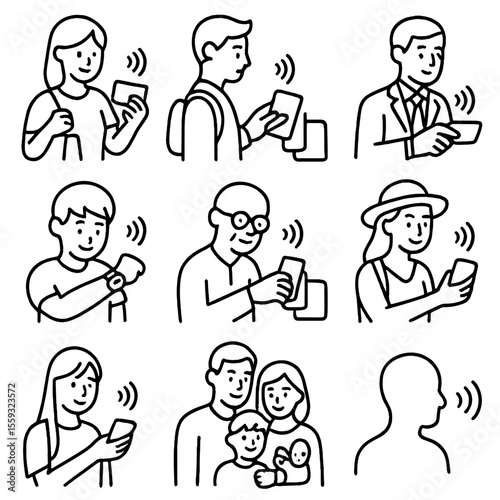 Contactless Payment Icons. Line style icons of contactless payment user types: shopper with tap icon, commuter with phone pay,