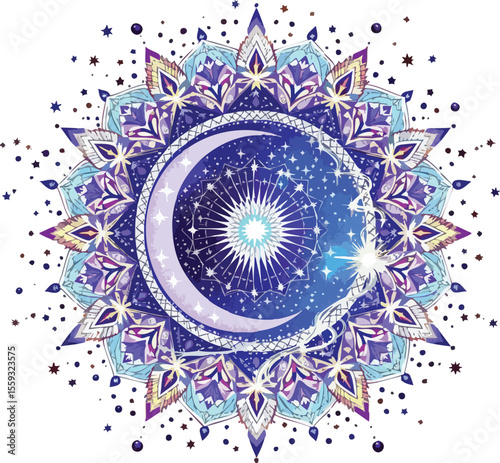 Celestial moon mandala in shades of blue purple and white with starry night elements.
