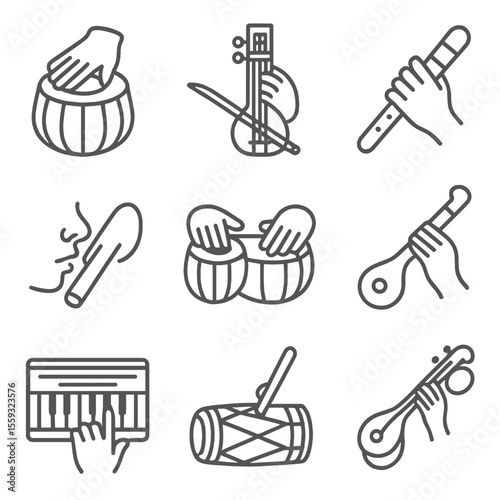 Instrument Technique Icons. Line style icons of instrument playing techniques: hand on tabla, bow on sarangi, fingers on sitar