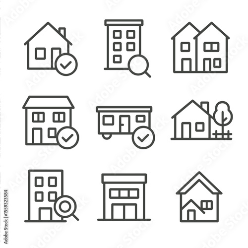 Property Type Icons. Line style icons of property types during inspection: single-family house, condo unit, duplex home, townhouse