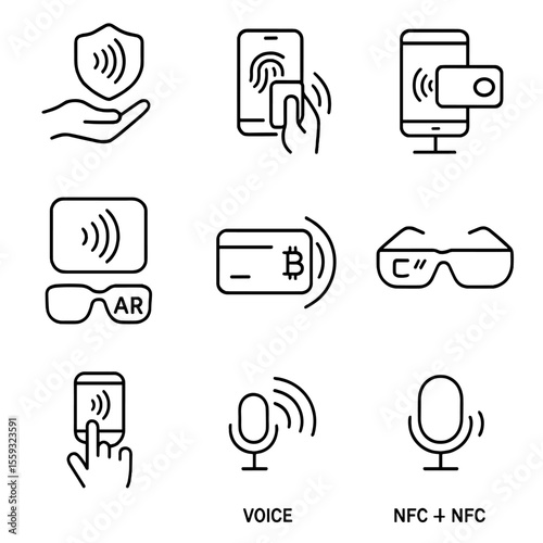Future Payment Icons. Line style icons of innovation and future tap concepts: holographic tap icon, biometric + contactless, multi