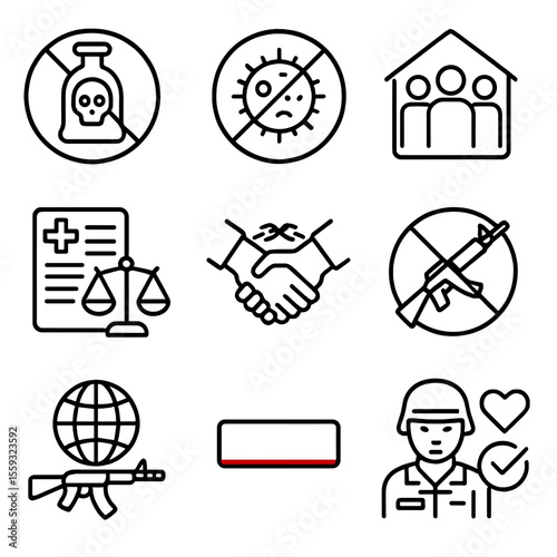 War Restriction Icons. Line style icons of war and armed conflict restrictions: ban on chemical weapons, anti-landmine treaty,