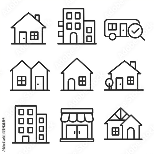 Property Type Icons. Line style icons of property types during inspection: single-family house, condo unit, duplex home, townhouse