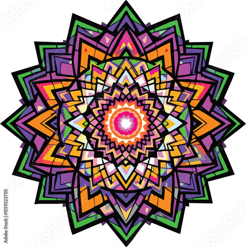 Colorful geometric mandala design featuring abstract vibrant artistic patterns and decorative elements.