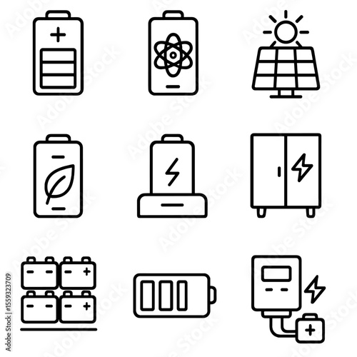 Energy Storage Icons. Line style icons of energy storage: rechargeable battery, lithium battery icon, solar battery storage,