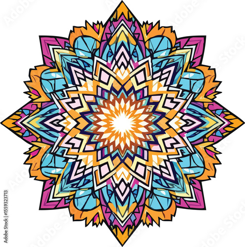 Colorful geometric mandala art design with intricate patterns and vibrant decorative details on white background.