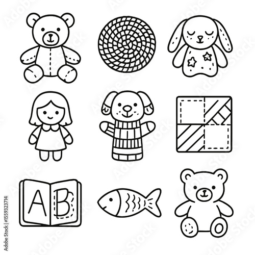 Handcrafted Toy Icons. Line style icons of hand-crafted toys: sewn teddy, crocheted ball, embroidered soft toy, felt doll, knitted