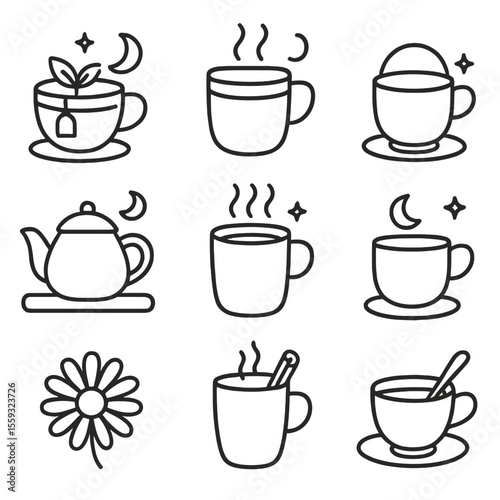Nighttime Beverage Icons. Line style icons of nighttime beverages: herbal tea, warm milk, decaf coffee cup, teapot on tray, cocoa