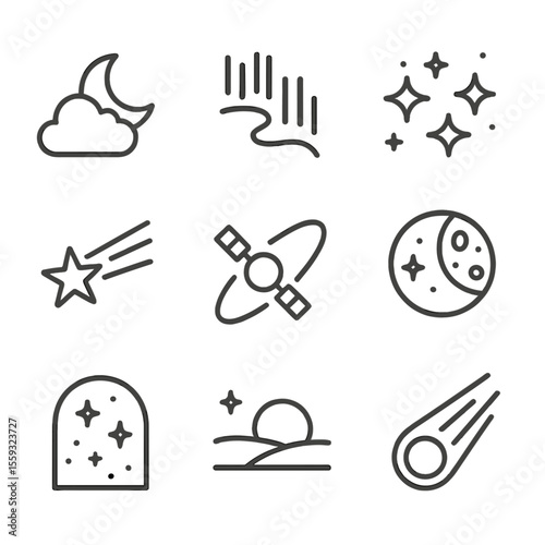 Night Sky Icons. Line style icons of night sky elements: cloud with moon, northern lights line, twinkling cluster, falling star,