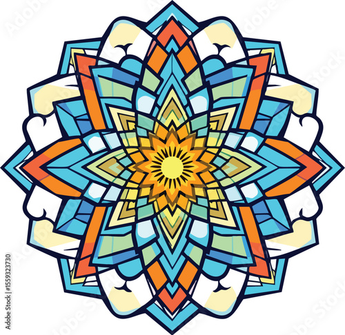 Colorful geometric mandala design with floral elements and vibrant artistic stained glass style.