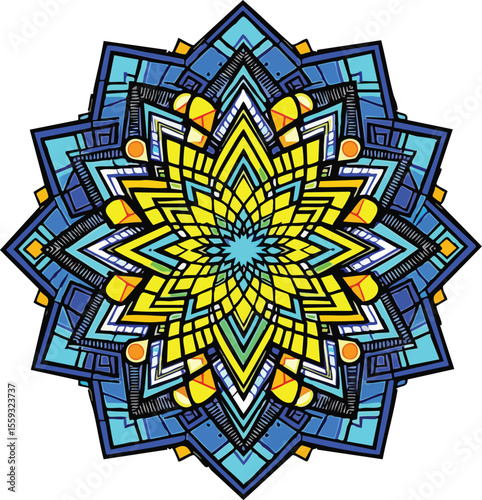 Colorful geometric mandala illustration featuring intricate patterns and detailed artistic design.