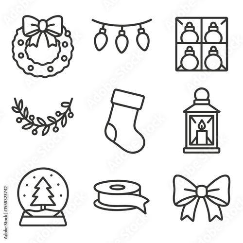 Holiday Decor Icons. Line style icons of Holiday Decorations: wreath, string lights, ornament box, garland, stocking, candle