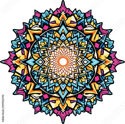 Colorful geometric mandala design with ornamental and decorative details on white background.